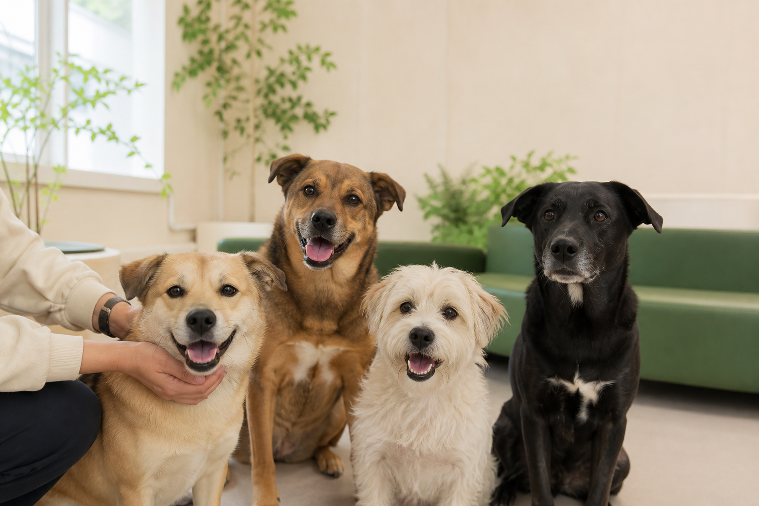 Volunteer stroking a golden retriever in a modern shelter